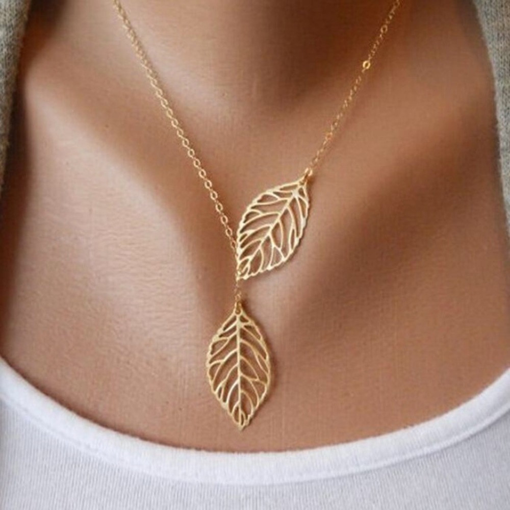2 Leaf necklaces, double pendant leaf necklaces